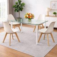 KOSY KOALA Modern Glass Dining Table Set With 4 Cream Plastic Chairs Furniture