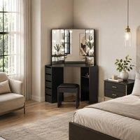 London Boutique Corner Dressing Table w/LED Mirror &5 Drawers Vanity Desk Makeup Table in Black