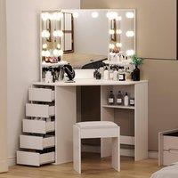 London Boutique Corner Dressing Table w/LED Mirror &5 Drawers Vanity Desk Makeup Table in White