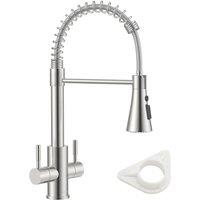 Dayone Brushed Nickel Kitchen Mixer Tap Dual Lever 3-Function Sprayer in Silver