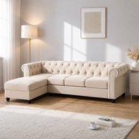 Sofaya Hampton 4 Seater L Shape Chesterfield Sofa Velvet Left Hand Chaise in Cream | Size: 4 Person