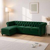 Sofaya Hampton 4 Seater L Shape Chesterfield Sofa Velvet Left Hand Chaise in Green | Size: 4 Person