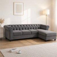 Sofaya Hampton 4 Seater L Shape Chesterfield Sofa Velvet Right Hand Chaise in Grey | Size: 4 Person