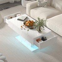 KEEPREAPER Rectangular LED Coffee Table with 2 Drawers Marble Finish in White
