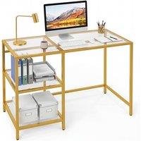 Gymax Tempered Glass Office Desk Metal Frame Writing Desk With Open Shelves in Gold