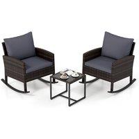 Gymax 3Pieces Rattan Rocking Bistro Set For Backyard With Glass Coffee Table in Grey