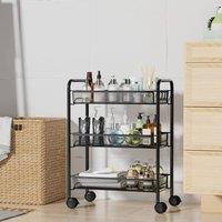 VOGREX 3-Tier Black Metal Kitchen Trolley Rolling Utility Storage Cart