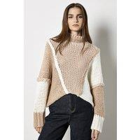 Apricot Women's Colour Block Cable Chunky Knit Jumper in Light Brown | Size: 16