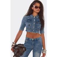 EGO Women's Short Sleeve Pocket Detail Denim Cropped Jacket in Mid Blue | Size: 6