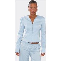 EGO Women's Long Sleeve Button Up V-neck Satin Top in Baby Blue | Size: 12