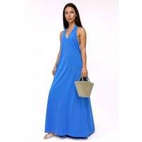 Busem Women's Cotton Midi Halter Dress With Slit in Bright Blue | Size: Large