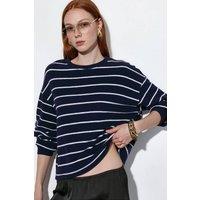 Busem Women's Striped Ribbed Crew Neck Sweater in Navy | Size: Large