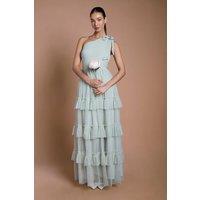 Oasis Women's Sage Pleated Mesh One Shoulder Tiered Maxi Bridesmaid Maxi Dress | Size: 14