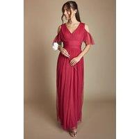 Oasis Women's Pleat Bodice Ruffle Mesh Bridesmaid Midi Dress in Berry | Size: 14