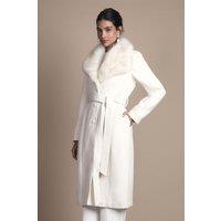 Coast Women's Ivory Faux Fur Collar Occasion Belted Midi Coat | Size: 10