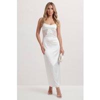 MissPap Women's Lace insert Satin Bias Maxi in Ivory | Size: 8