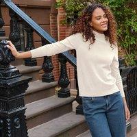 Lands' End Women's Button Cuff Polo Neck Jumper in Ivory | Size: 14-16