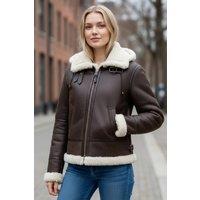 Infinity Leather Women's Hooded Sheepskin Flying Bomber Leather Jacket - Sovereign in Dark Brown | Size: 8