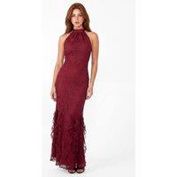 Maya Deluxe Women's Halter Neck Ruffle Hem Lace Maxi Dress in Wine | Size: 16