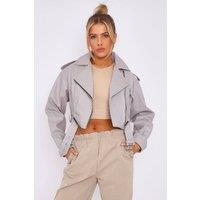 STYLEWISE Women's Faux Leather Belted - Cropped Fit - Biker Jacket in Grey | Size: XS