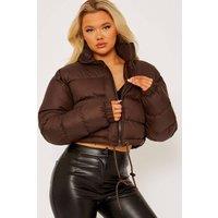 STYLEWISE Women's Drawstring Detail - Cropped Fit - Puffer Jacket in Chocolate | Size: Medium