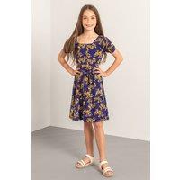 Enorsia Girl's Girls Square Neck Tiered Puff Sleeve Dress (2yrs-9yrs) in Navy | Size: 4-5 Years
