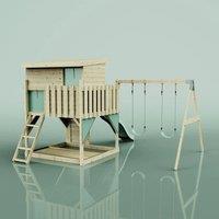 OutdoorToys PolarPlay Garden Climbing Platform & Playhouse with Double Swing for Kids - Nils with Trapeze Mint Green