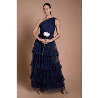 Oasis Women's Navy Pleated Mesh One Shoulder Tiered Maxi Bridesmaid Maxi Dress | Size: 6