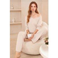 MODISHION Women's Long Sleeve Knit Pajama Set in Beige | Size: Large