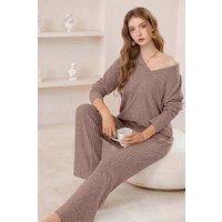 MODISHION Women's Long Sleeve Knit Pajama Set in Khaki | Size: Small