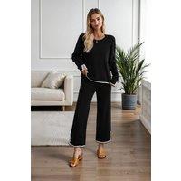 MODISHION Women's Long Sleeve Top & Wide Leg Pants Loungewear Set in Black | Size: XL