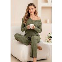 MODISHION Women's Long Sleeve Knit Pajama Set in Dark Green | Size: XL