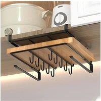 Living and Home Cutting Board Storage Rack Under Cabinet Hanging Rack with Roll Holder Hooks in Black | Size: Large