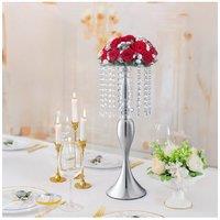 H&O Direct Silver Elegant Crystal Tassels Metal Flower Vases Wedding Table Centerpiece Candlestick