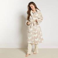 OHS Bows Hooded Dressing Gown Teddy Marl Thermal Robe in Beige