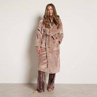 OHS Flannel Fleece Hooded Dressing Gown Sherpa Bathrobe in Taupe
