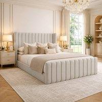 Desire Deco Plush Velvet Edward Wingback Ottoman Storage Bed Frame in Light Beige | Size: Single