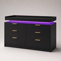 Harmin LUXURY Black 6-Drawer Chest with LED Lighting & Remote - 116cm Wide