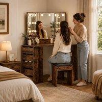 London Boutique Corner Dressing Table w/LED Mirror &5 Drawers Vanity Desk Makeup Table in Brown