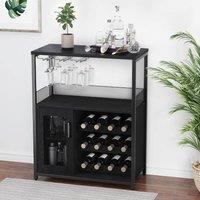 London Boutique 3-Tier Wine Bar Cabinet Liquor Bar Sideboard Wine Rack w/Glass Holder in Black