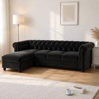Sofaya Hampton 4 Seater L Shape Chesterfield Sofa Velvet Left Hand Chaise in Black | Size: 4 Person