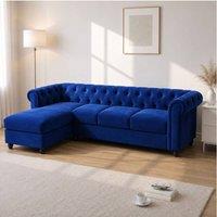 Sofaya Hampton 4 Seater L Shape Chesterfield Sofa Velvet Left Hand Chaise in Blue | Size: 4 Person