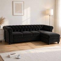 Sofaya Hampton 4 Seater L Shape Chesterfield Sofa Velvet Right Hand Chaise in Black | Size: 4 Person