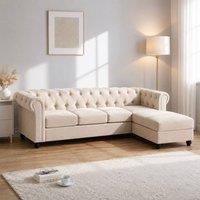 Sofaya Hampton 4 Seater L Shape Chesterfield Sofa Velvet Right Hand Chaise in Cream | Size: 4 Person