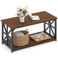 Gymax Industrial Farmhouse Coffee Table 2-Tier With Open Storage Shelf in Brown