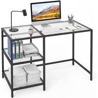 Gymax Tempered Glass Office Desk Metal Frame Writing Desk With Open Shelves in Black