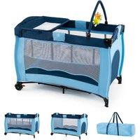 Gymax Folding Playpen 2 Lockable Wheels Diaper Changing Table 3 Hanging Toys in Blue