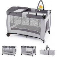 Gymax Folding Playpen 2 Lockable Wheels Diaper Changing Table 3 Hanging Toys in Grey