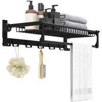 VOGREX Wall Mounted Folding Towel Rack with Hooks Bathroom Storage Organiser in Black