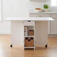 VOGREX White Mobile Drop Leaf Dining Table Folding Drawer 2 Tier Shelves